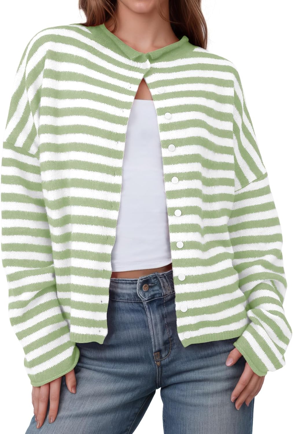 Womens Striped Cardigan Casual Long Sleeve Open Front Button Down Loose Knit Lightweight Fall Sweaters
