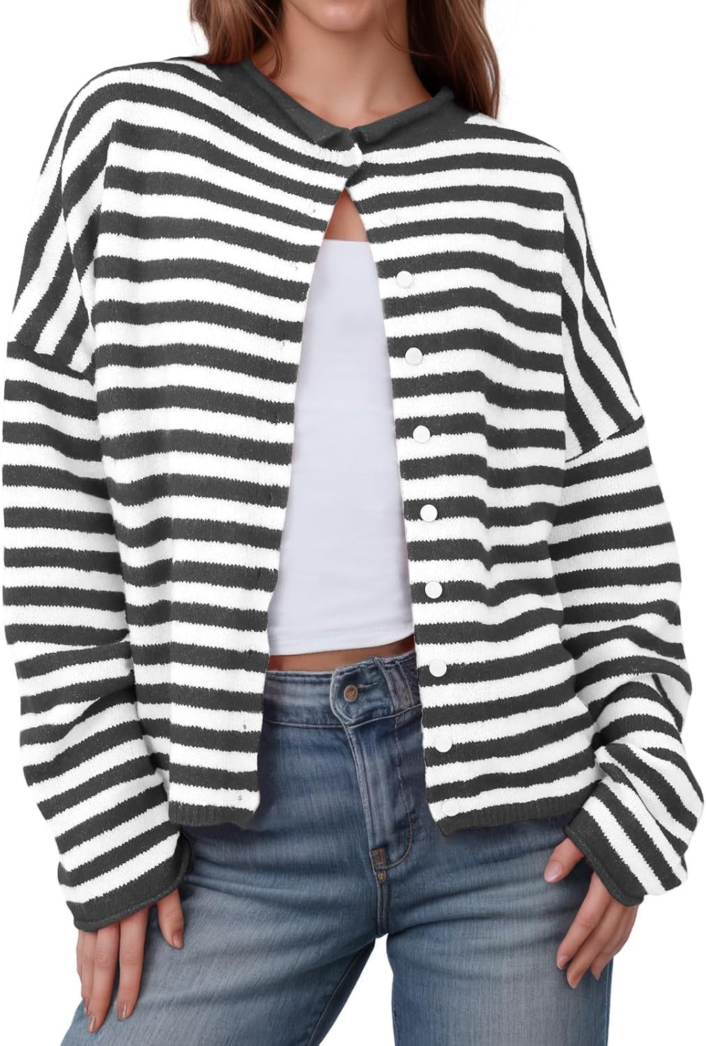 Womens Striped Cardigan Casual Long Sleeve Open Front Button Down Loose Knit Lightweight Fall Sweaters