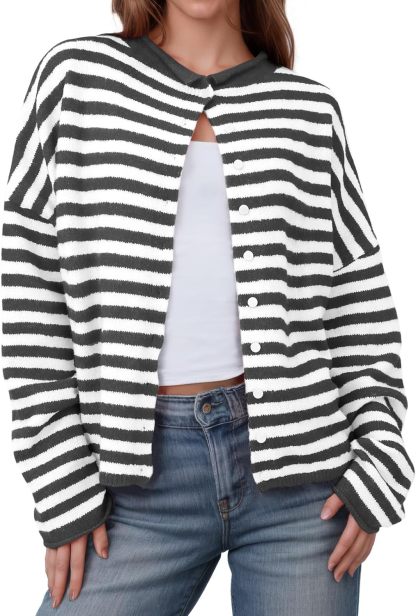 Womens Striped Cardigan Casual Long Sleeve Open Front Button Down Loose Knit Lightweight Fall Sweaters