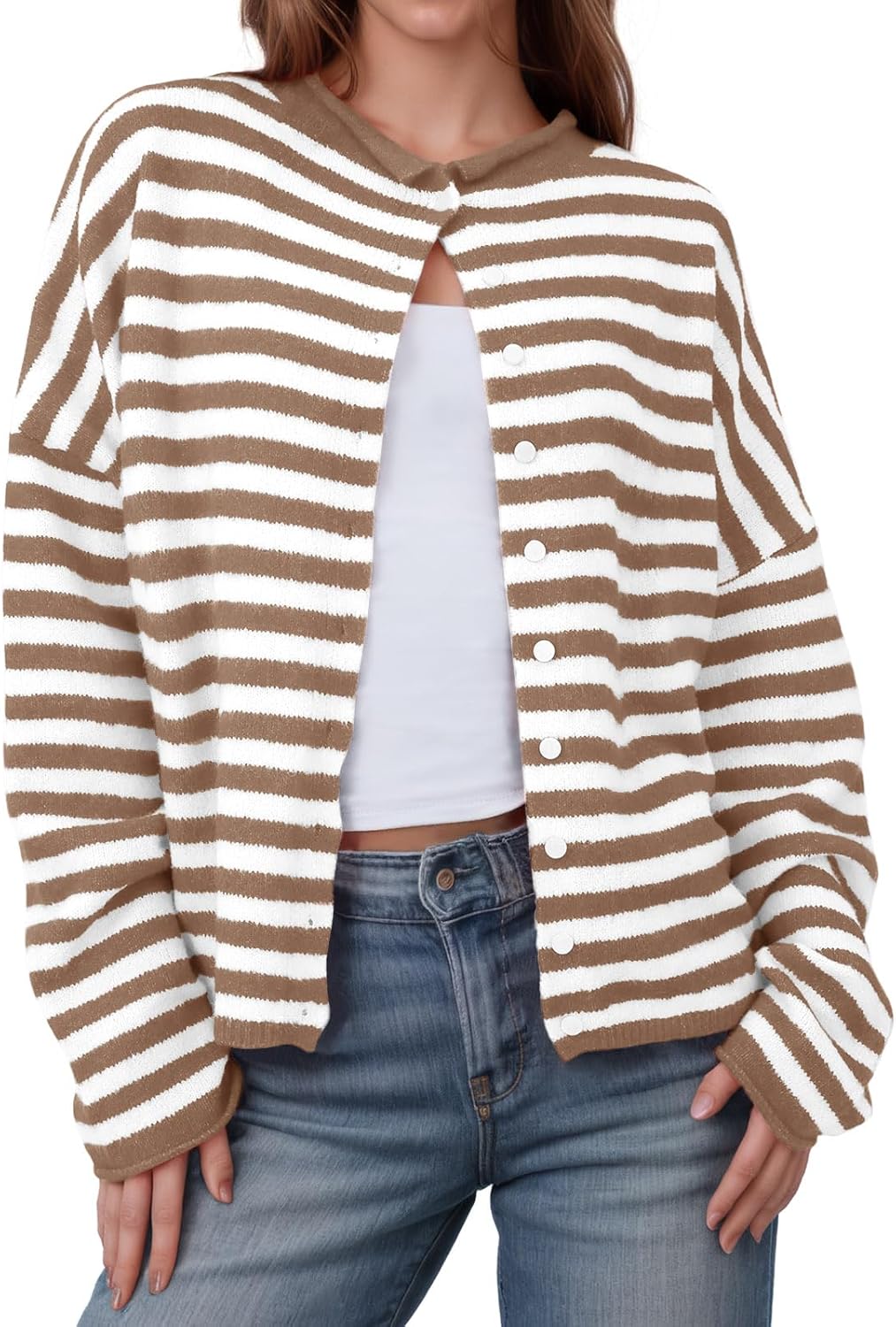 Womens Striped Cardigan Casual Long Sleeve Open Front Button Down Loose Knit Lightweight Fall Sweaters