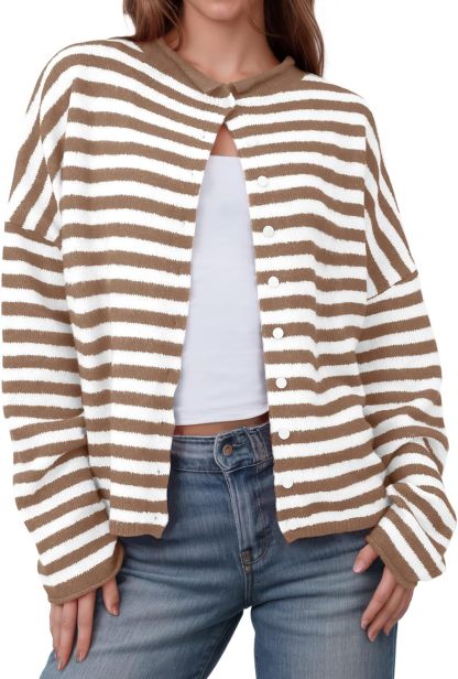 Womens Striped Cardigan Casual Long Sleeve Open Front Button Down Loose Knit Lightweight Fall Sweaters