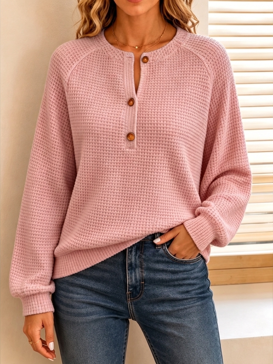 New Arrival🔥 Women's Casual Waffle Knit Henley Long Sleeve Sweater