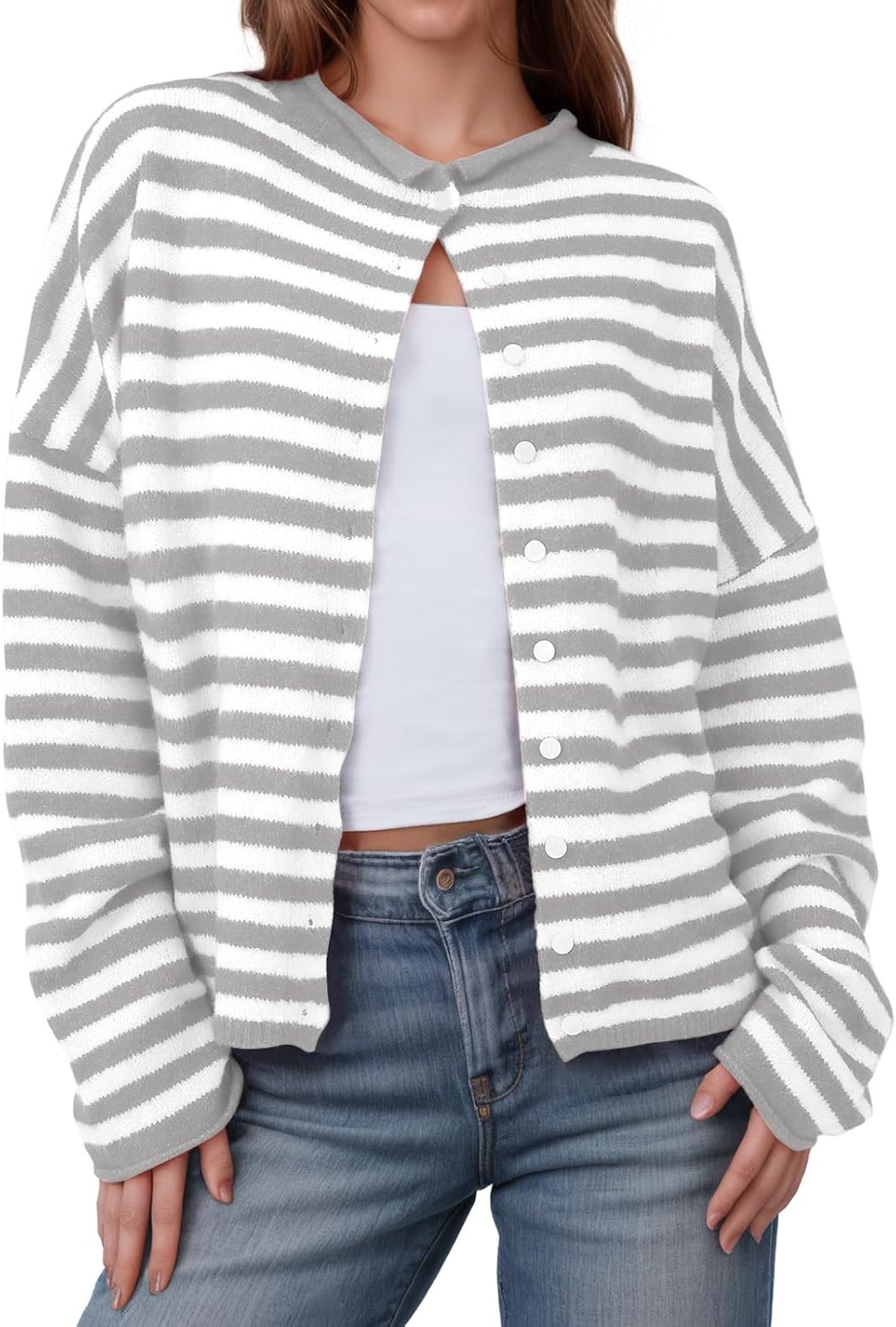 Womens Striped Cardigan Casual Long Sleeve Open Front Button Down Loose Knit Lightweight Fall Sweaters