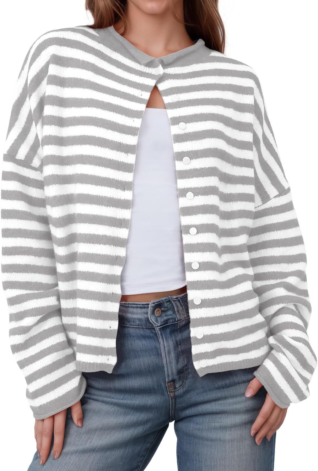 Womens Striped Cardigan Casual Long Sleeve Open Front Button Down Loose Knit Lightweight Fall Sweaters