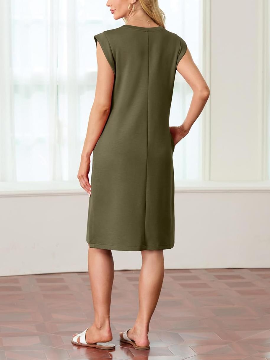 ⏰Hot Sale-Women Round Neck Loose Split Wrinkle-Free Midi Dress with Pockets