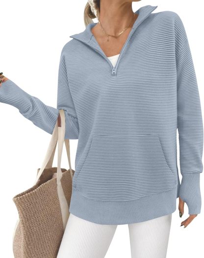 BTFBM Sweaters for Women Fall Winter Clothes 2025 Pocket Quarter Zip Pullover V Neck Long Sleeve Knit Trendy Sweater