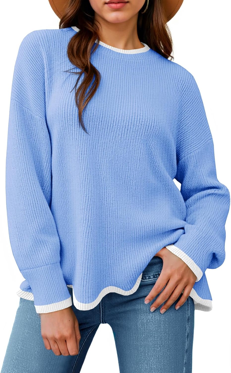 Womens Contrast Color Pullover Sweaters Crewneck Knit Tops with Wave Hem Long Sleeve Sweater Fall 2025