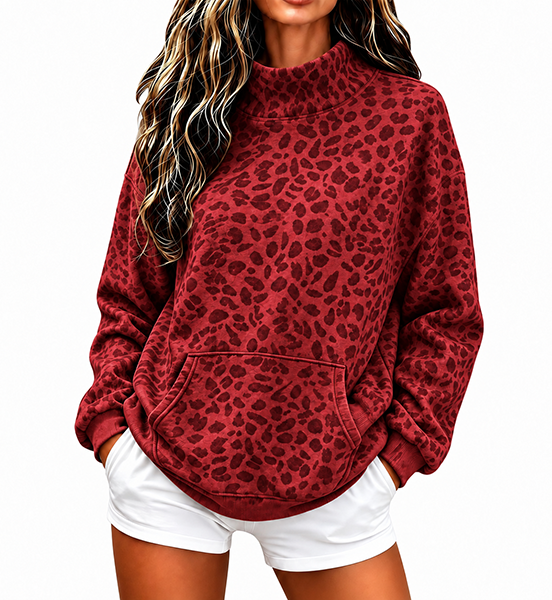 CLEARANCE SALE💥Women’s Leopard Print Mock Neck Relaxed Fit Pullover Sweatshirt with Kangaroo Pocket