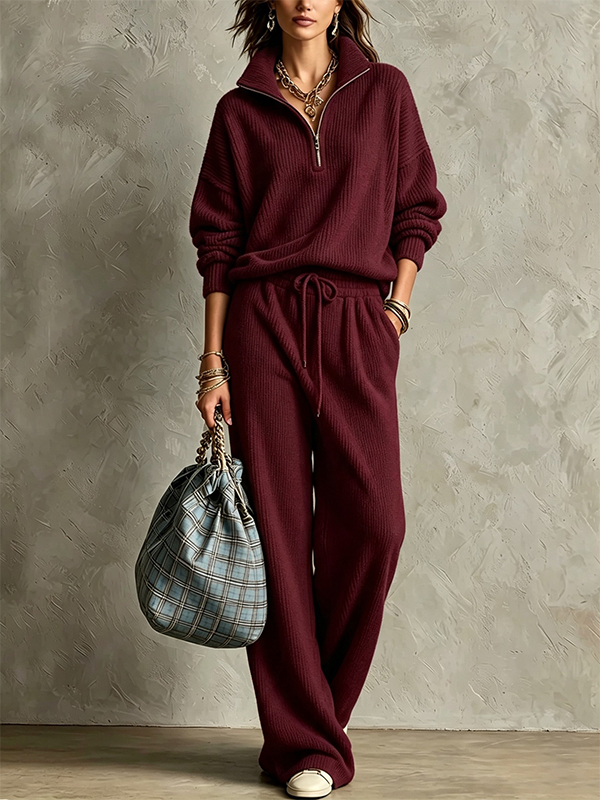 CLEARANCE SALE🔥Women’s Corduroy Stand Collar Casual Set Zip-Up Jacket & Wide Leg Pants Two-Piece Outfit