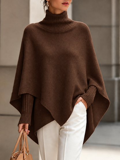 CLEARANCE SALE🔥Women's Solid-Color High-Neck Long-Sleeve Loose-Fit Cape-Style Knit Top