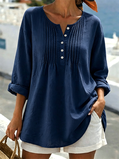 New Arrivals🔥Women's Solid Color Round Neck Long-sleeved Casual Loose Pleated Cotton And Linen Top