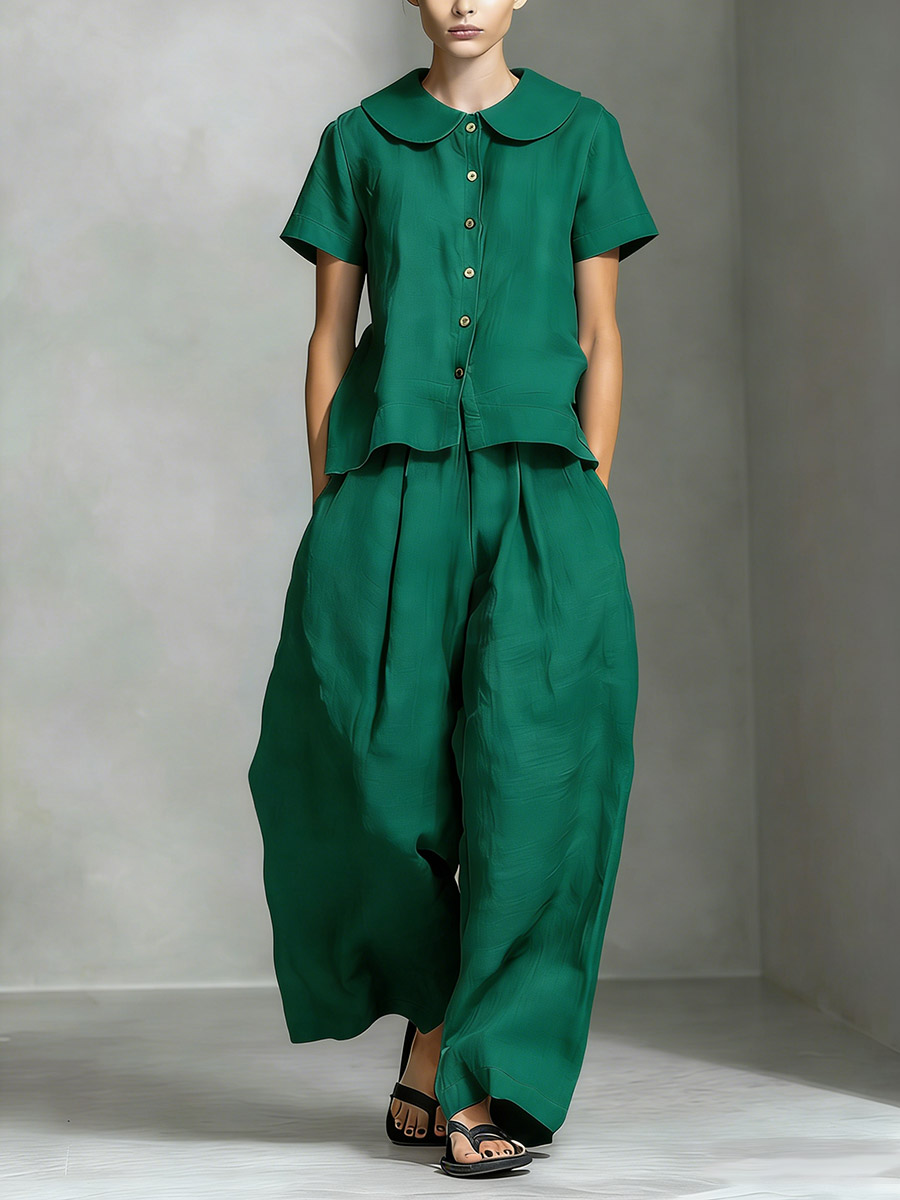 Women’s Cotton Linen Peter Pan Collar Top & Wide-Leg Pants Set