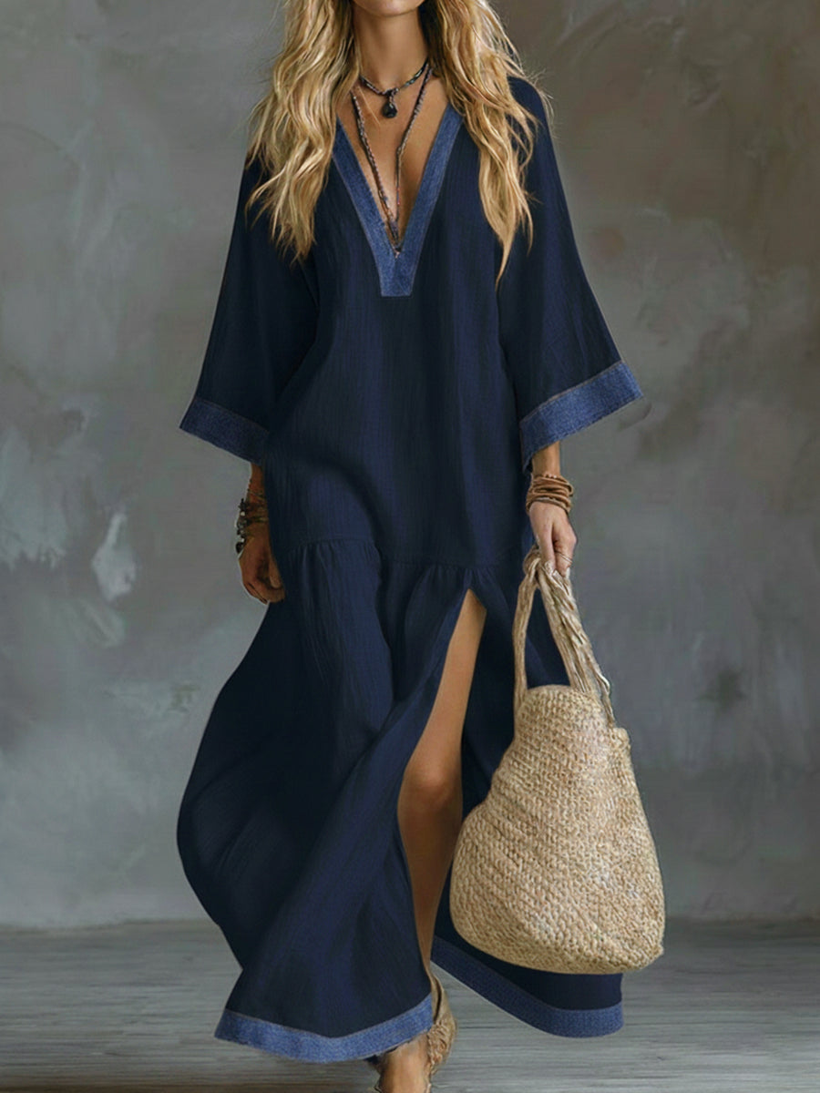 Loose And Cozy Patchwork Denim Dress With Contrasting Trim.