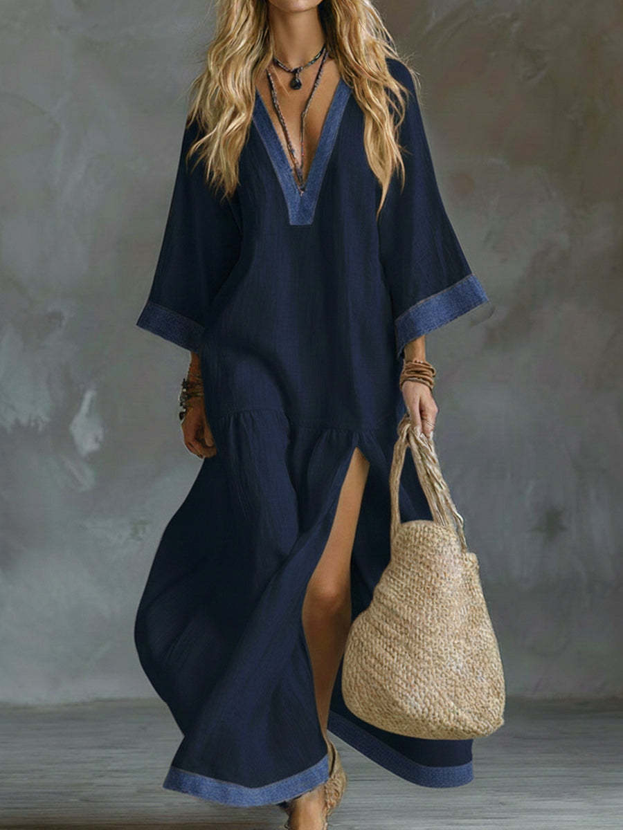 Loose And Cozy Patchwork Denim Dress With Contrasting Trim.