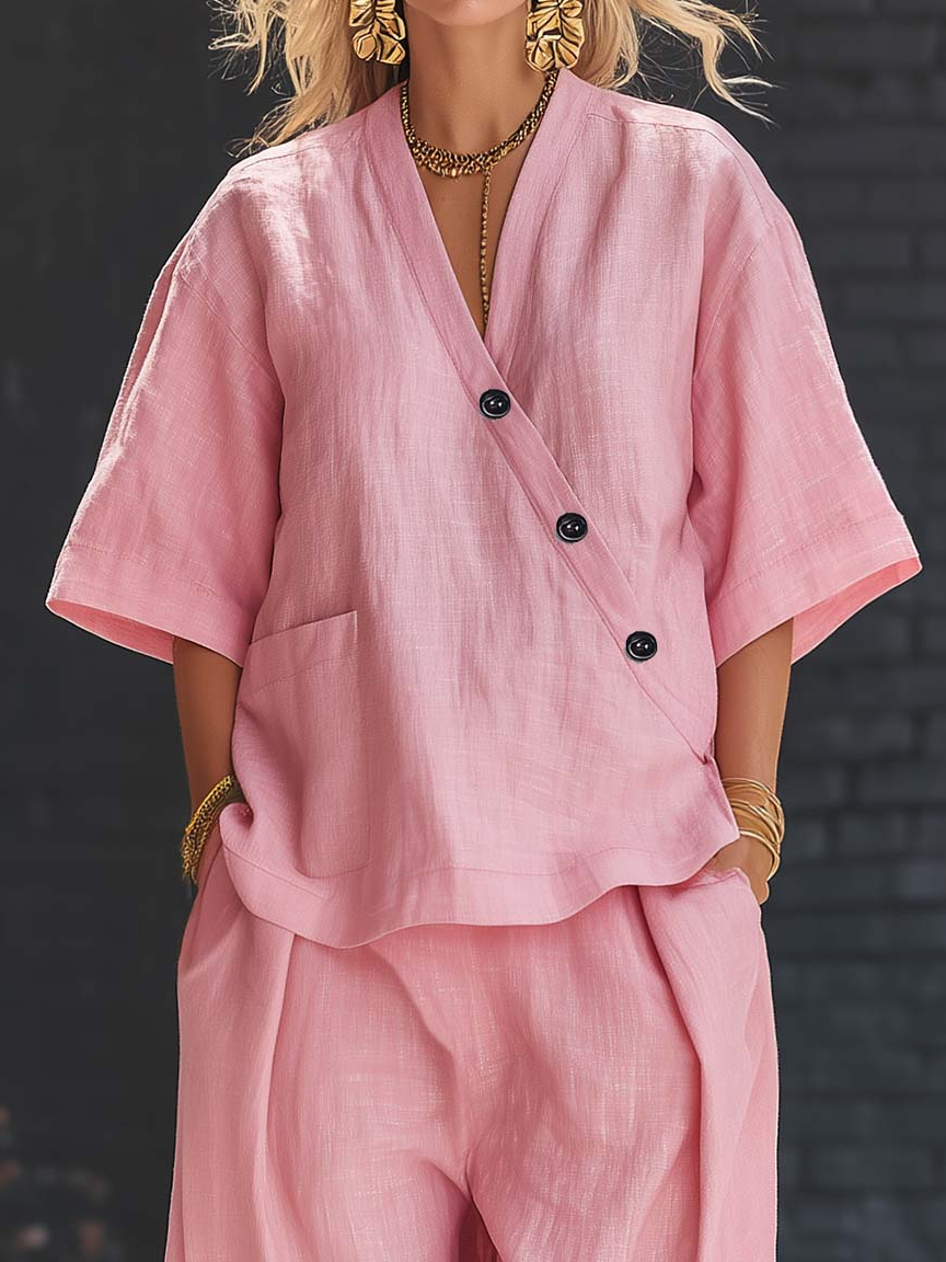 Stylish Cozy Button Linen Cotton Two-piece Set