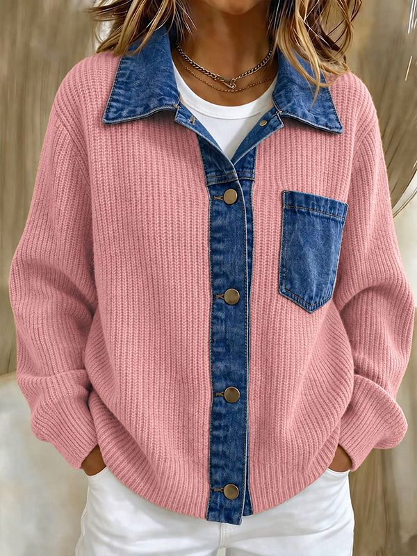 New Arrival 🔥Women’s Contrast Denim Collar Button Front Knit Cardigan with Chest Pocket