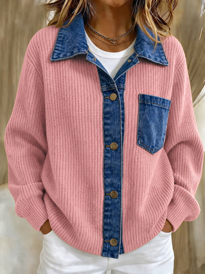 New Arrival 🔥Women’s Contrast Denim Collar Button Front Knit Cardigan with Chest Pocket