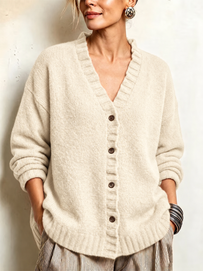 CLEARANCE SALE🔥Women’s Ruffle Trim V-Neck Button-Front Textured Knit Cardigan Sweater