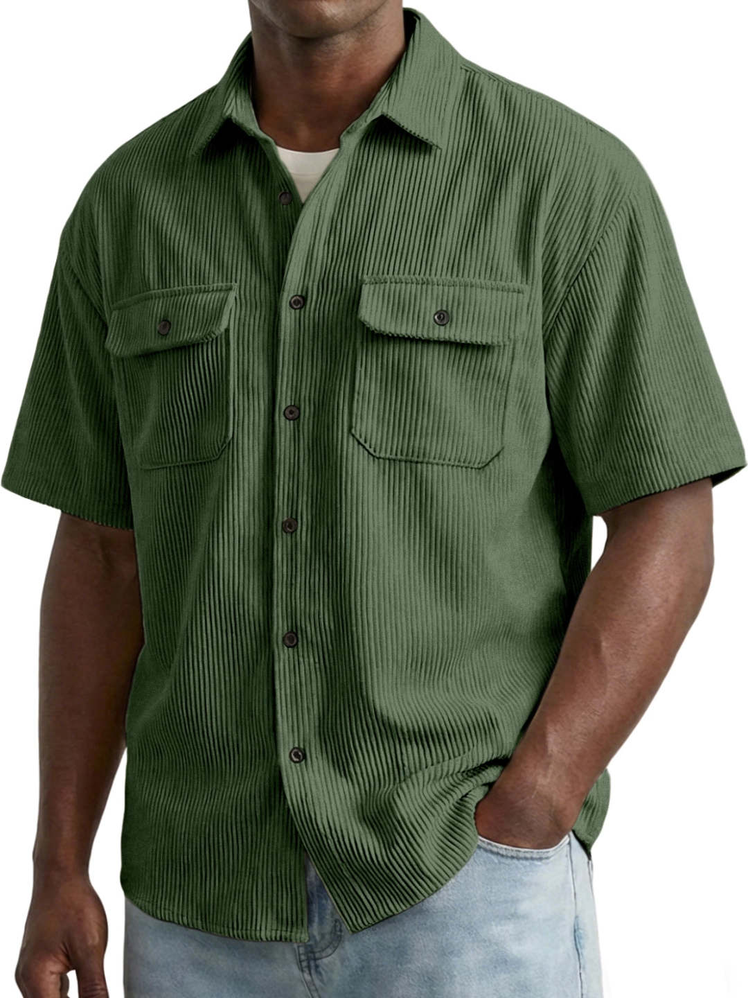 Men's Retro Solid Color Vertical Ribbed Double Pocket Short-Sleeve Shirt