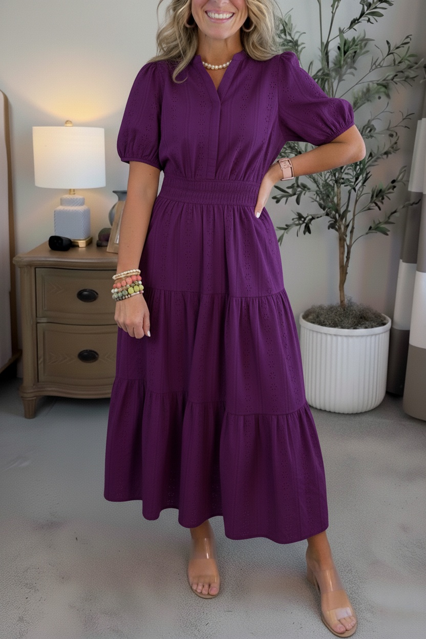 NEW🔥Women’s Puff Sleeve V-Neck Smocked Maxi Dress