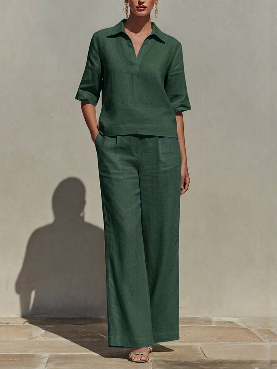 Women's Solid-color Cotton & Linen Set: V-neck Short-sleeve Loose-fit Top And High-waisted Wide-leg Pants