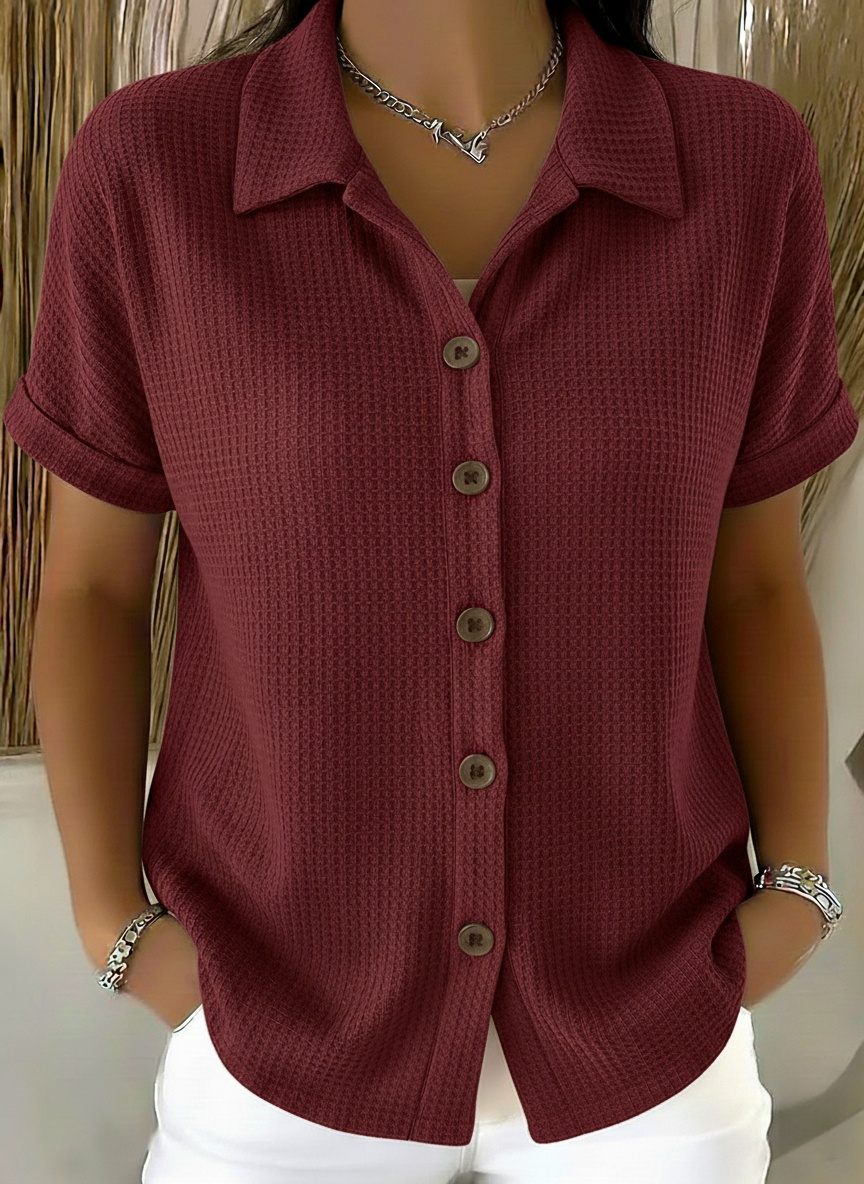 Casual Polo-collar Button-up Waffle Shirt