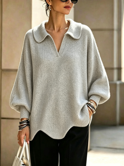 CLEARANCE SALE🔥Women's Solid Color Collared Long-sleeved Casual Loose Pullover Knit Sweater