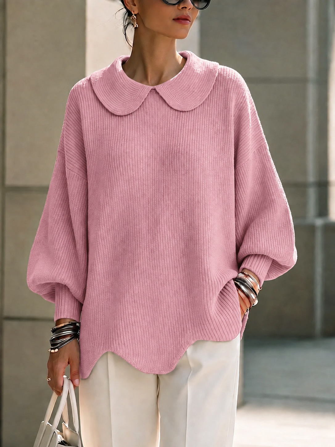 CLEARANCE SALE🔥Women's Solid Color Peter Pan Collar Long Sleeve Casual Loose Pullover Knit Sweater