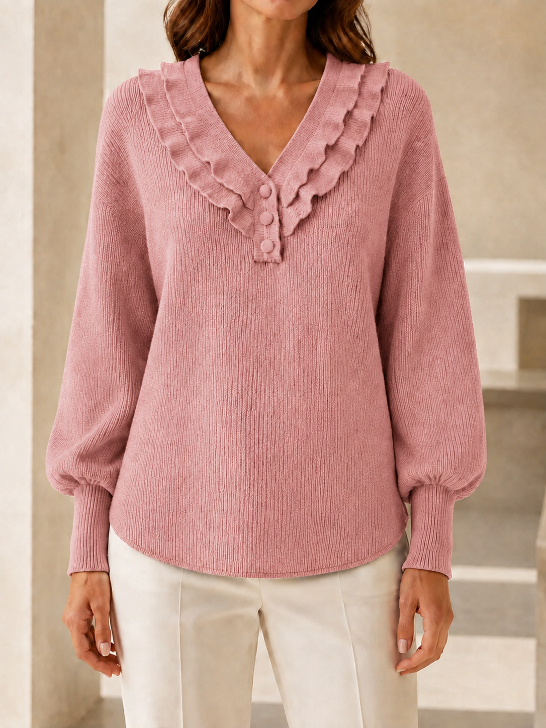  New Arrivals🔥Women’s Ruffle V-Neck Button-Detail Knit Sweater with Balloon Sleeves