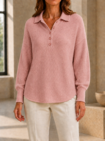 New Arrivals🔥Women’s Casual Polo Collar Button-Detail Knit Sweater with Relaxed Fit