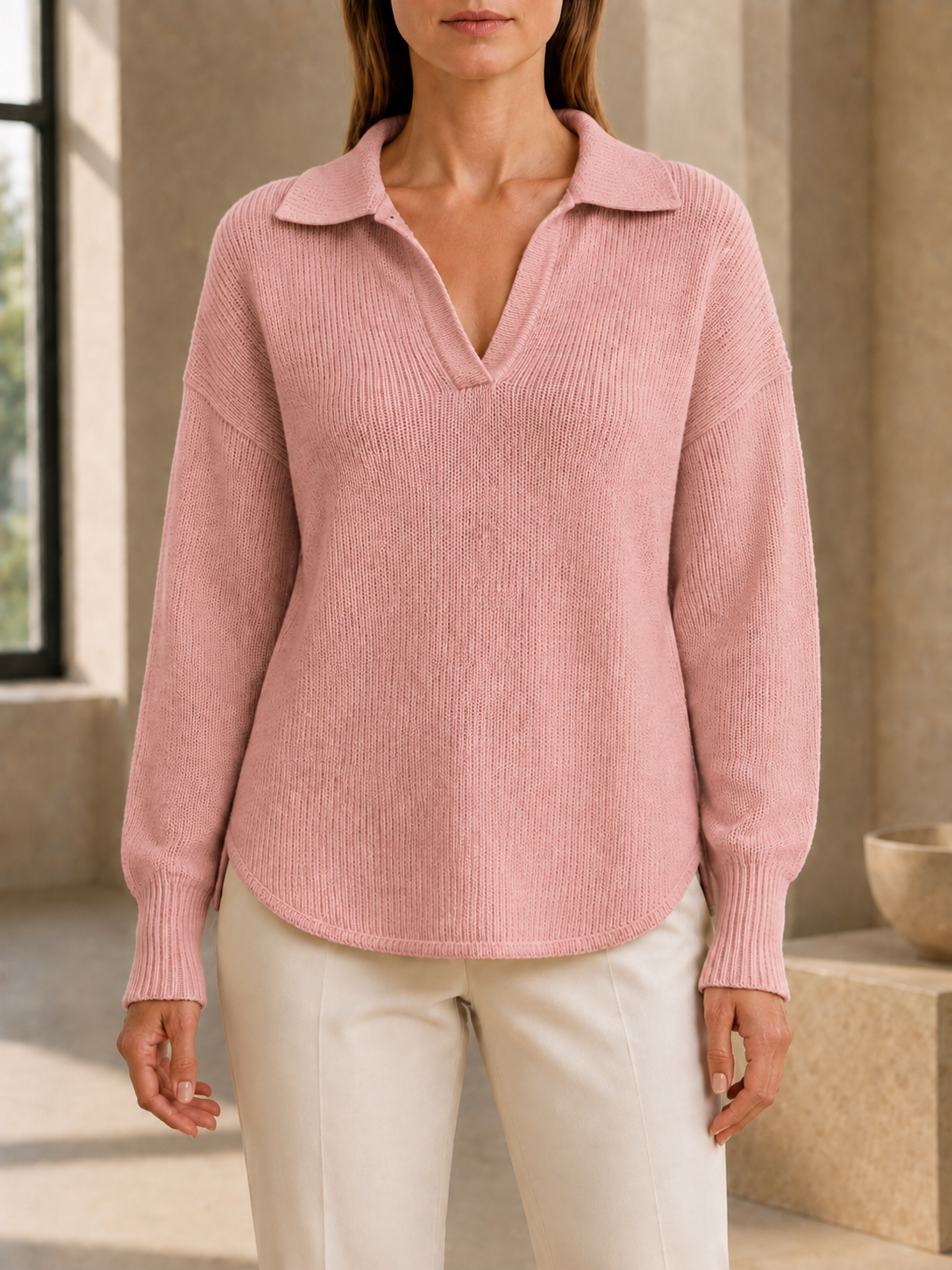 New Arrivals🔥Women’s Relaxed Polo Collar V-Neck Long Sleeve Knit Sweater