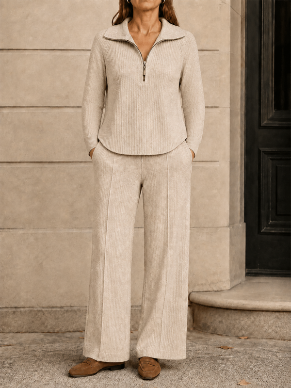New Arrival 🔥Women’s Quarter-Zip Textured Knit Sweater and Straight-Leg Pants Two-Piece Set