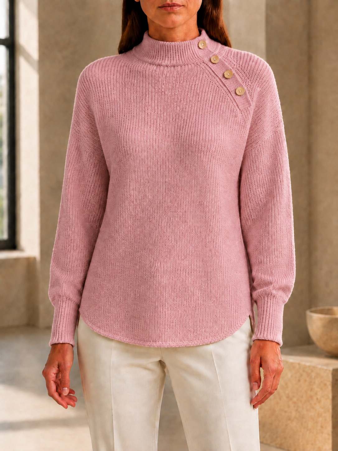 CLEARANCE SALE🔥Women’s Mock Neck Button-Detail Relaxed Fit Knit Sweater