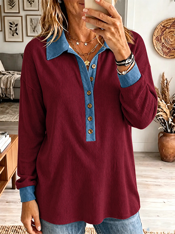 Women's Denim Trim Waffle Knit Henley Top