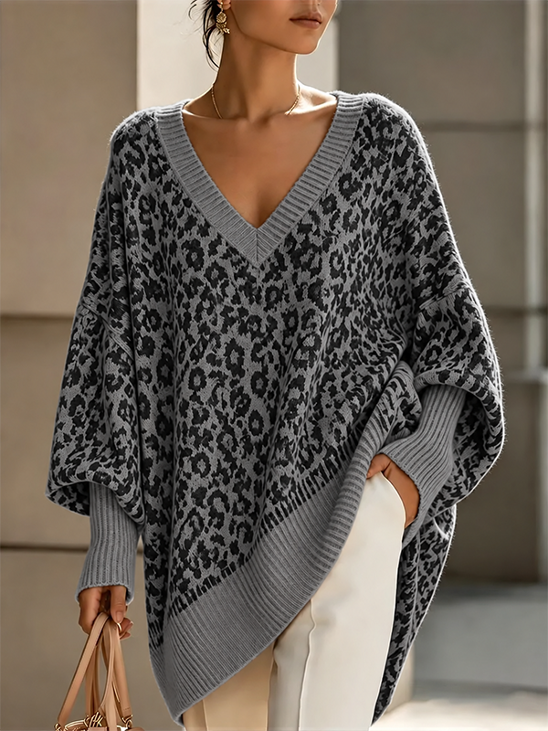 New Arrival🔥Women’s Leopard Print V Neck Oversized Knit Poncho Sweater