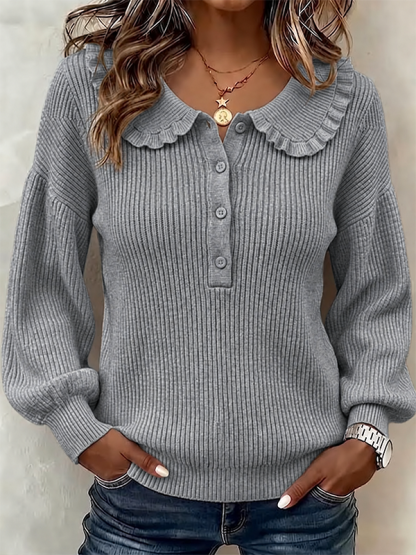 CLEARANCE SALE💥Ruffled Ribbed Knit Sweater With Partial Button Placket