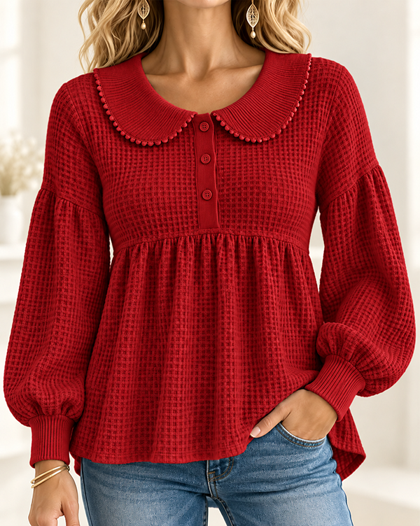 CLEARANCE SALE🔥Women’s Waffle Knit Peter Pan Collar Babydoll Henley Top