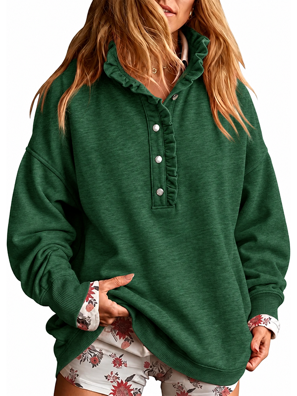 Women’s Ruffle Collar Henley Button Relaxed Fit Sweatshirt