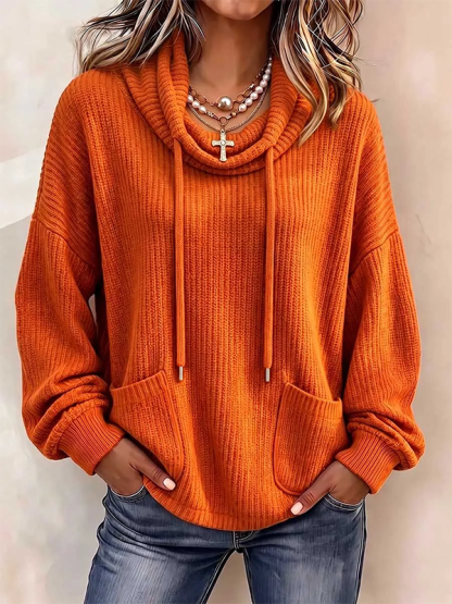 CLEARANCE SALE🔥Women’s Cowl Neck Drawstring Ribbed Knit Pullover Sweater with Pockets