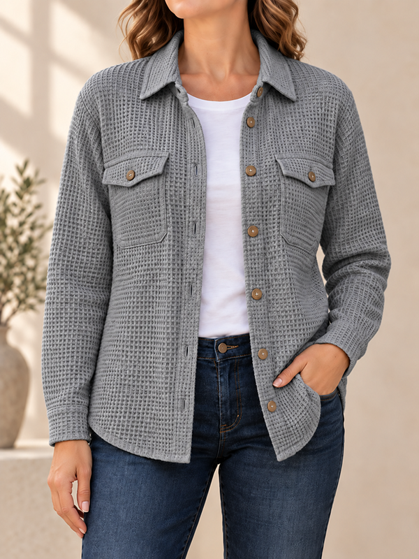 CLEARANCE SALE🔥Women’s Textured Waffle Knit Button Front Collared Shacket with Flap Pockets