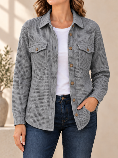 CLEARANCE SALE🔥Women’s Textured Waffle Knit Button Front Collared Shacket with Flap Pockets