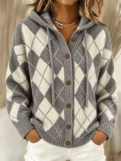 CLEARANCE SALE🔥 Women’s Argyle Hooded Button Front Knit Cardigan Sweater