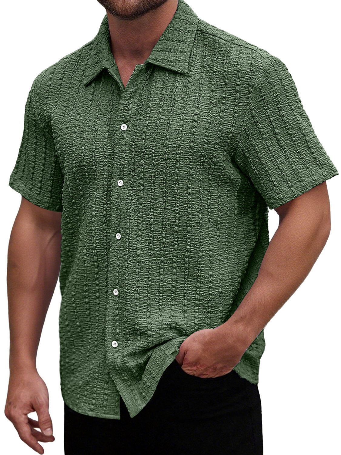 Men's Casual Textured Lapel Solid Color Short-sleeved Shirt