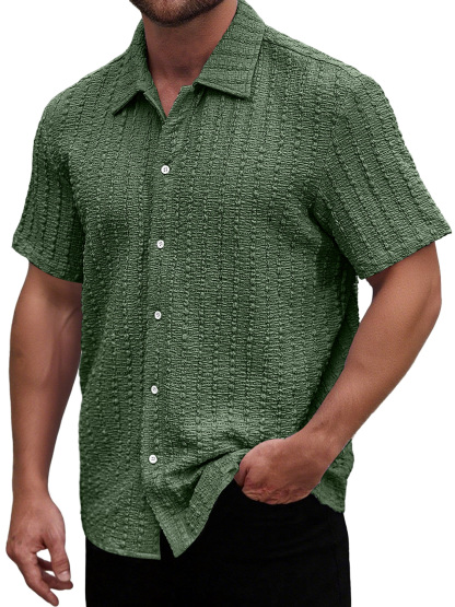 Men's Casual Textured Lapel Solid Color Short-sleeved Shirt