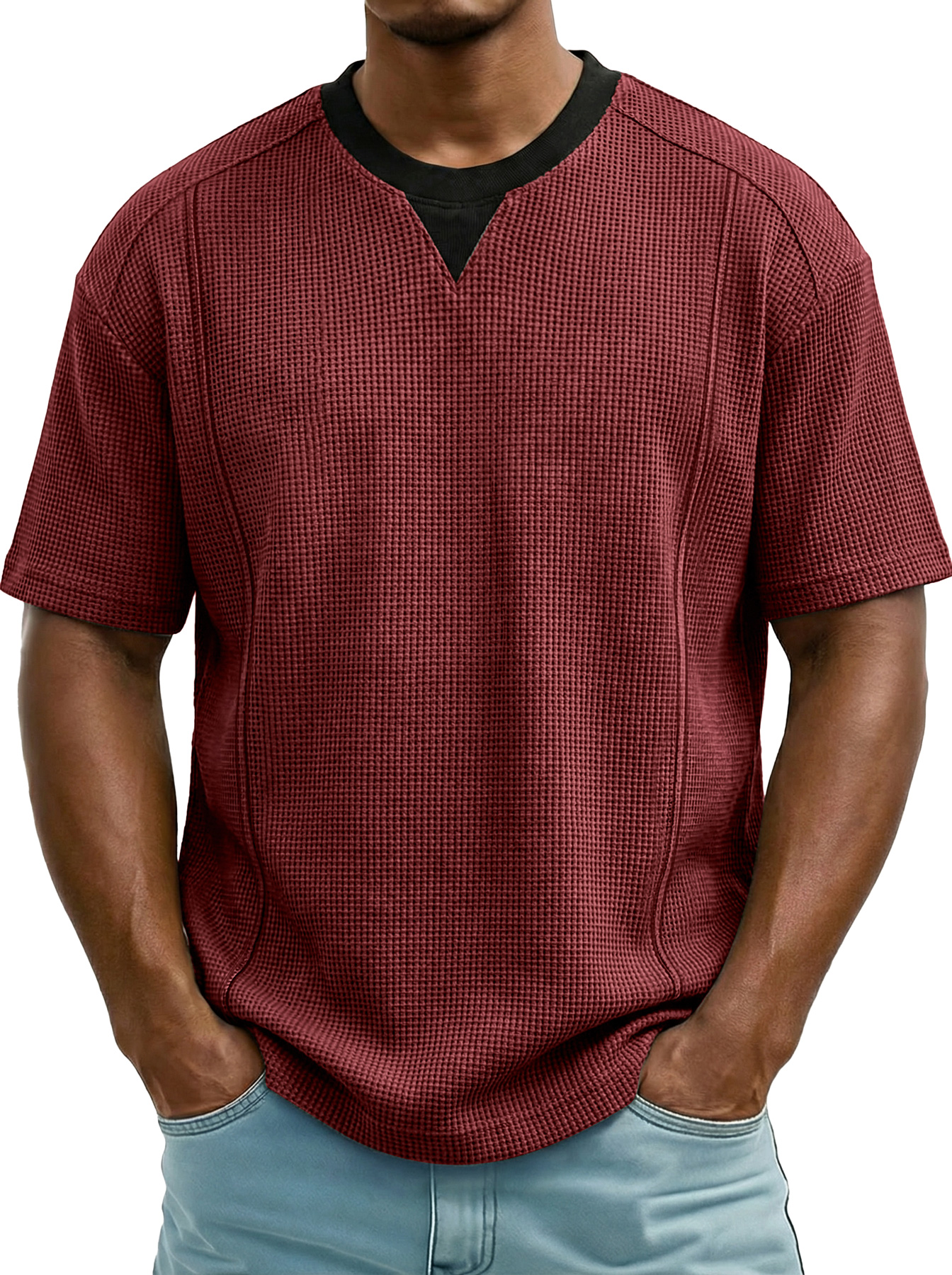 Men's Everyday Waffle Color-block Casual Short-sleeved T-shirt