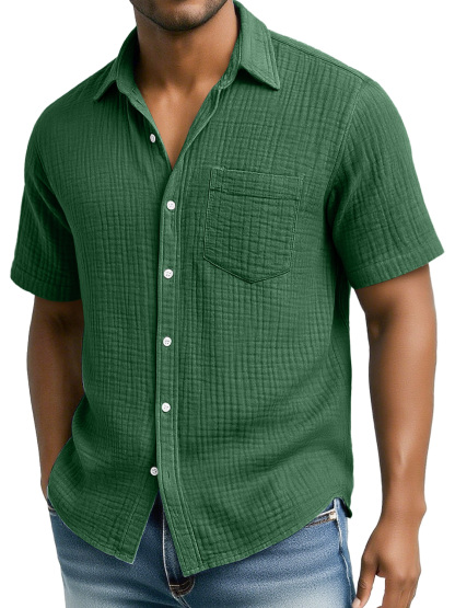 Men's Daily Pleated Texture Casual Pocket Comfort Short Sleeve Shirt