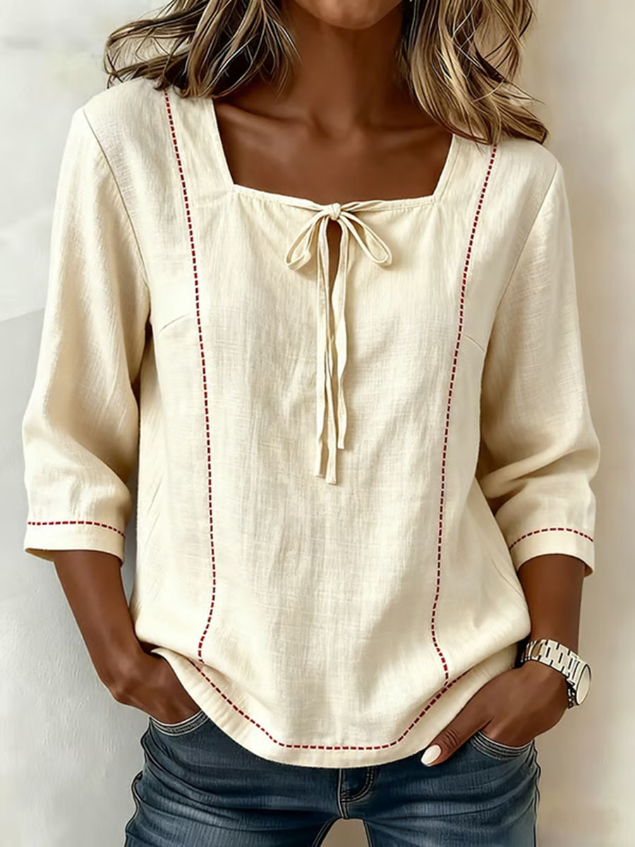 New Arrivals🔥 Women's Square-neck 3/4-sleeve Loose-fit Cotton-linen Top