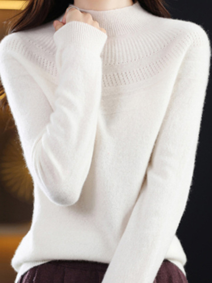 Office Raglan Sleeve Hollow Solid Color High-Neck Sweater Tops