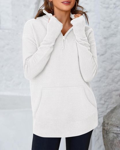 BTFBM Sweaters for Women Fall Winter Clothes 2025 Pocket Quarter Zip Pullover V Neck Long Sleeve Knit Trendy Sweater