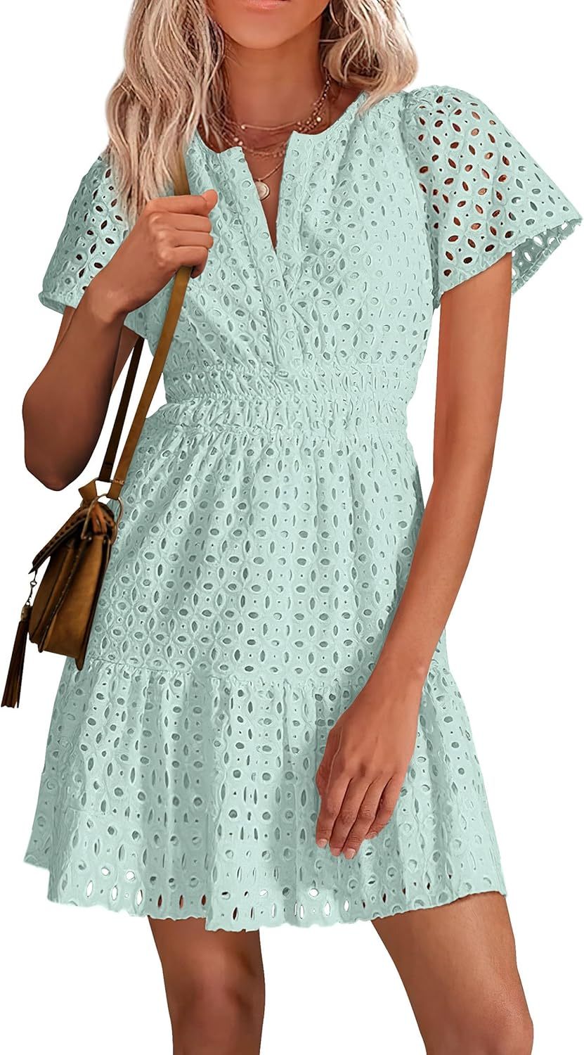 PRETTYGARDEN Womens 2025 Summer Short Dress V Neck Short Sleeve A Line Hollow Out Lace Ruffle Cute Casual Beach Party Dresses
